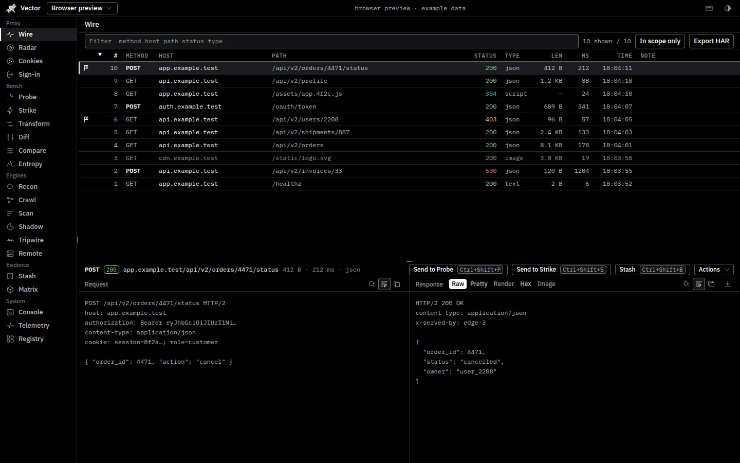 Vector's Wire view: a table of captured requests, with the selected request and response below.